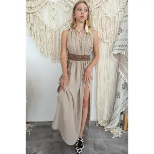 AZİZE BOHEM STİL MÜSLİN ELBİSE / Bej