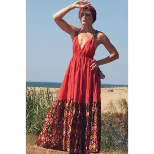 GAZELLE BOHO STİL MAXİ ÇİNGENE ELBİSE
