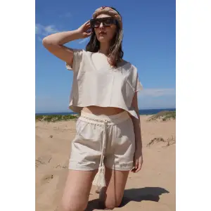 LAVANDA KETEN KARIŞIMLI BLUZ & ŞORT TAKIM