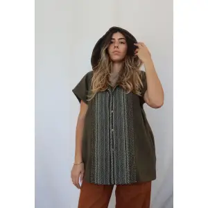 TUNA KAPŞONLU KİLİM DETAYLI POLAR YELEK / YEŞİL