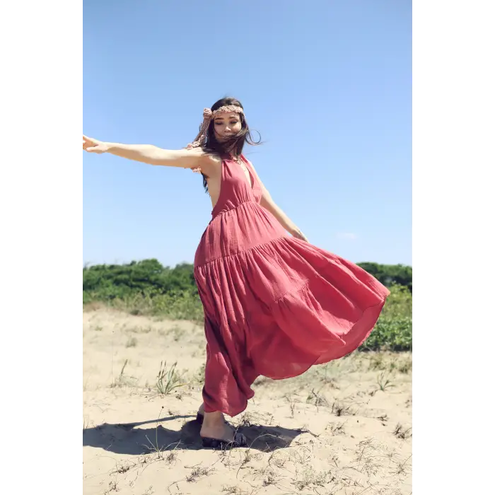 EVA KATLI SIRTI AÇIK MUSLİN BOHO ELBİSE