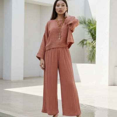 SOUL MÜSLİN BLUZ PANTOLON TAKIM / yanık turuncu