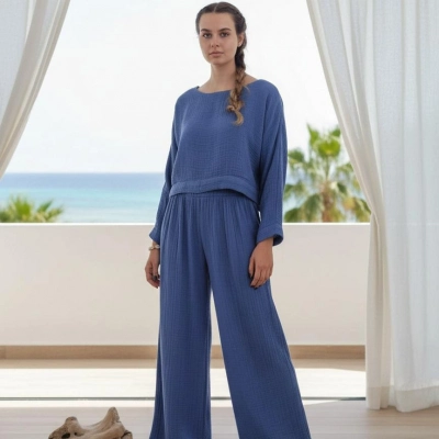 SOUL MÜSLİN BLUZ PANTOLON TAKIM / mavi