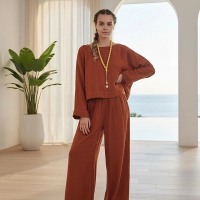 SOUL MÜSLİN BLUZ PANTOLON TAKIM / kiremit