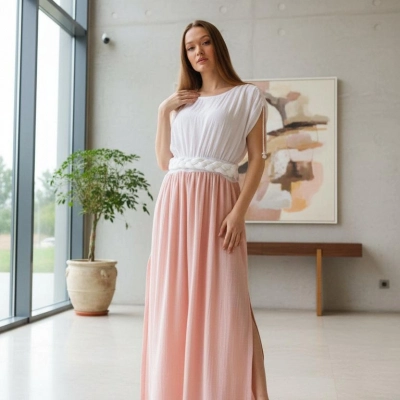 HERA ÇİFT RENK BELİ ÖRGÜLÜ MÜSLİN ELBİSE pembe