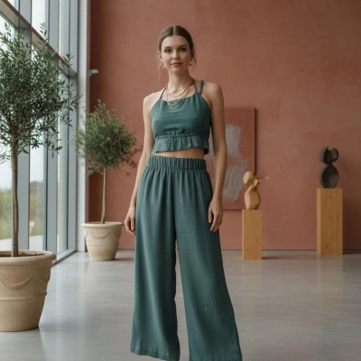 SUNA MÜSLİN BLUZ PANTOLON TAKIM / yeşil