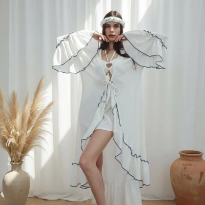 ASENA PAMUK ŞİLE BEZİ FIRFIRLI BOHO KAFTAN