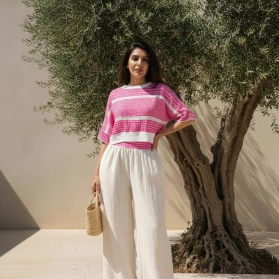 MUMBAI MÜSLİN CROP & PANTOLON TAKIM / Fuşya