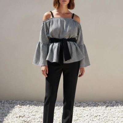 LİNET PAMUK DOKUMA ÇİZGİLİ BLUZ