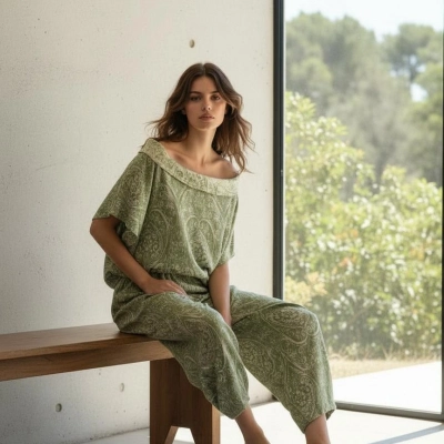 FRESKO JAKAR DOKUMA ŞALVAR PANTOLON & BLUZ TAKIM