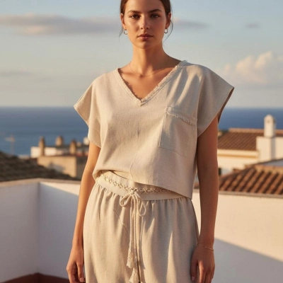 LAVANDA KETEN KARIŞIMLI BLUZ & PANTOLON TAKIM