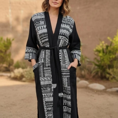 TRIBAL BORDÜR DETAYLI BOHEM MÜSLİN KAFTAN