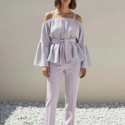 LİNET PAMUK DOKUMA ÇİZGİLİ BLUZ/ lila