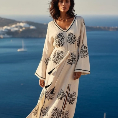 CORAL PAMUK BASKILI ELBİSE / mercan desen