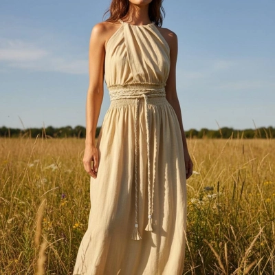 PETUNYA ÖRGÜ DETAYLI BOHEM ELBİSE / Bej