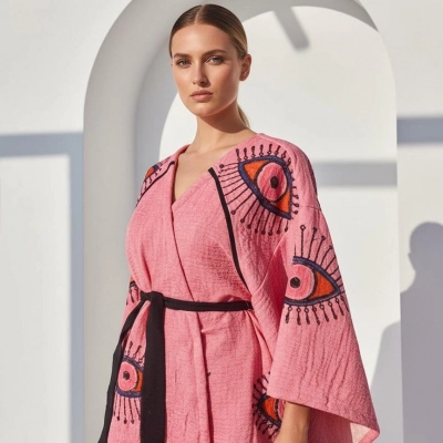 TILSIM PAMUK DOKUMA TAŞ BASKI KİMONO / Pembe