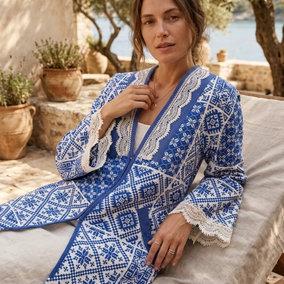 İZNİK ÇİNİ DESEN PAMUK KANVAS BASKILI CEKET