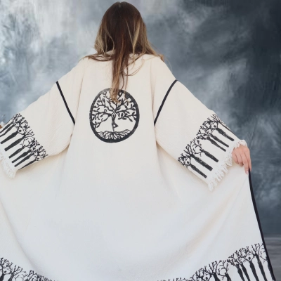 HAYAT AĞACI TAHTA BASKILI DOKUMA KAFTAN / Naturel