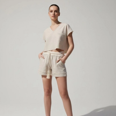 LAVANDA KETEN KARIŞIMLI BLUZ & ŞORT TAKIM