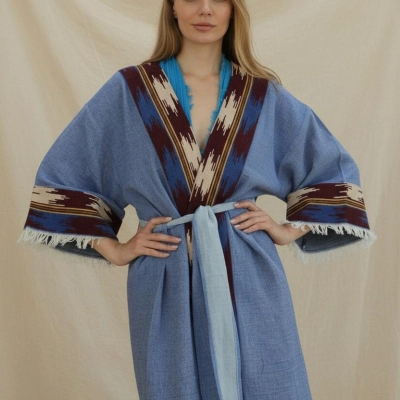 TARSUS KİLİM BORDÜRLÜ DOKUMA KAFTAN / mavi