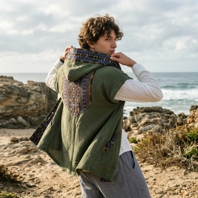 TUNA KAPŞONLU KİLİM DETAYLI PENYE YELEK / Haki