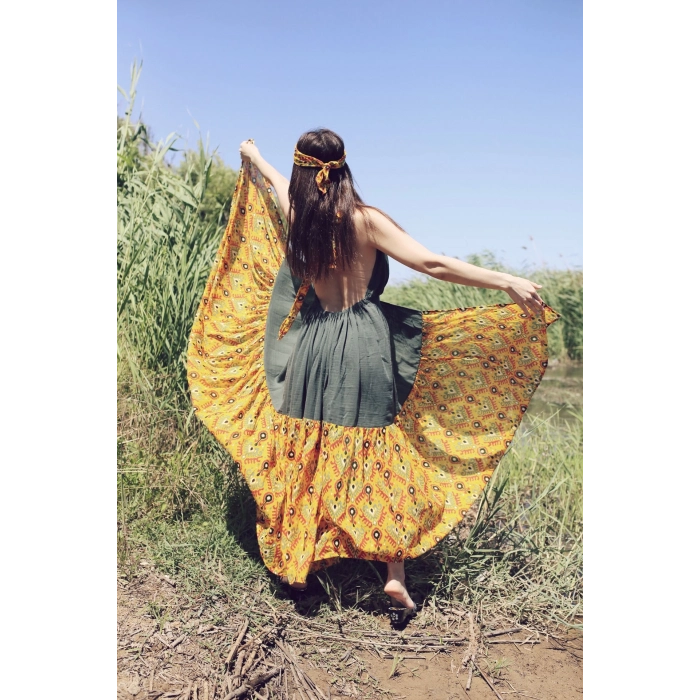 GAZELLE BOHO STİL MAXİ ÇİNGENE ELBİSE / Tarçın