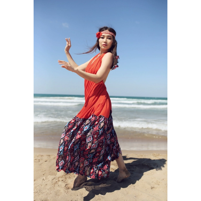 GAZELLE BOHO STİL MAXİ ÇİNGENE ELBİSE / Tarçın