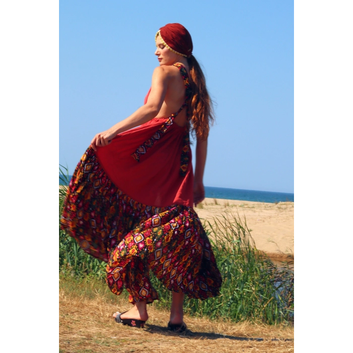 GAZELLE BOHO STİL MAXİ ÇİNGENE ELBİSE / Tarçın
