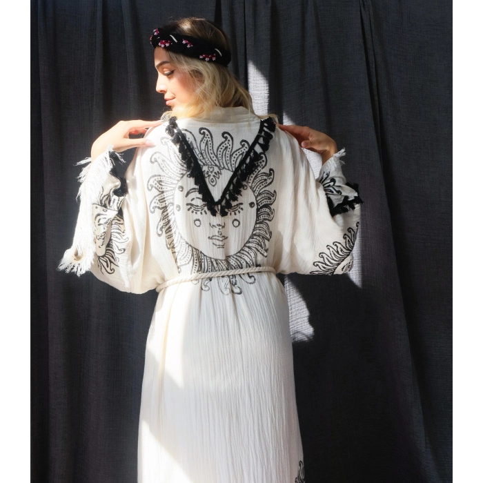 SHAMAN TAHTA BASKILI MÜSLİN KAFTAN