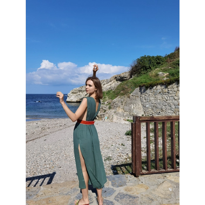 AZİZE BOHEM STİL MÜSLİN ELBİSE / ZÜMRÜT