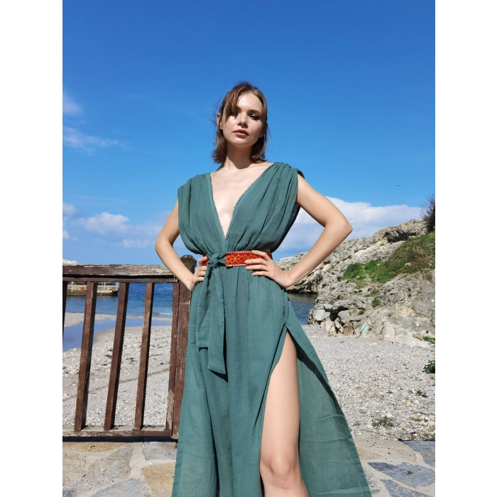AZİZE BOHEM STİL MÜSLİN ELBİSE / ZÜMRÜT