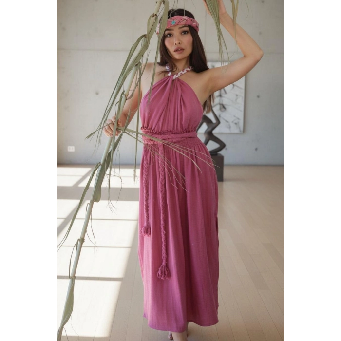 PETUNYA ÖRGÜ DETAYLI BOHEM ELBİSE / gül kurusu