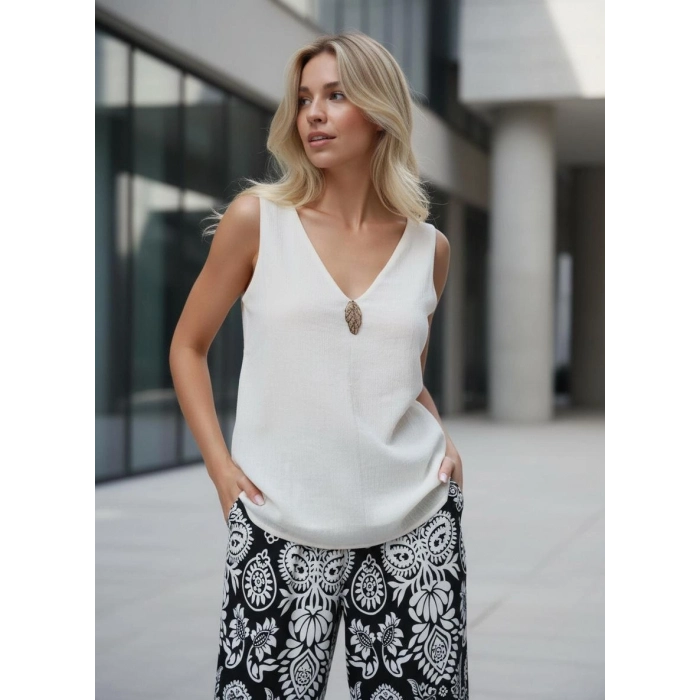 YAPRAK V YAKA Çift KAT MÜSLİN BLUZ
