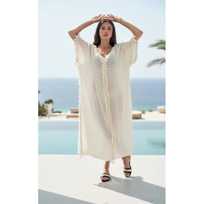 ATLAS ÇİZGİLİ ŞİLE BEZİ PÜSKÜL DETAYLI KAFTAN