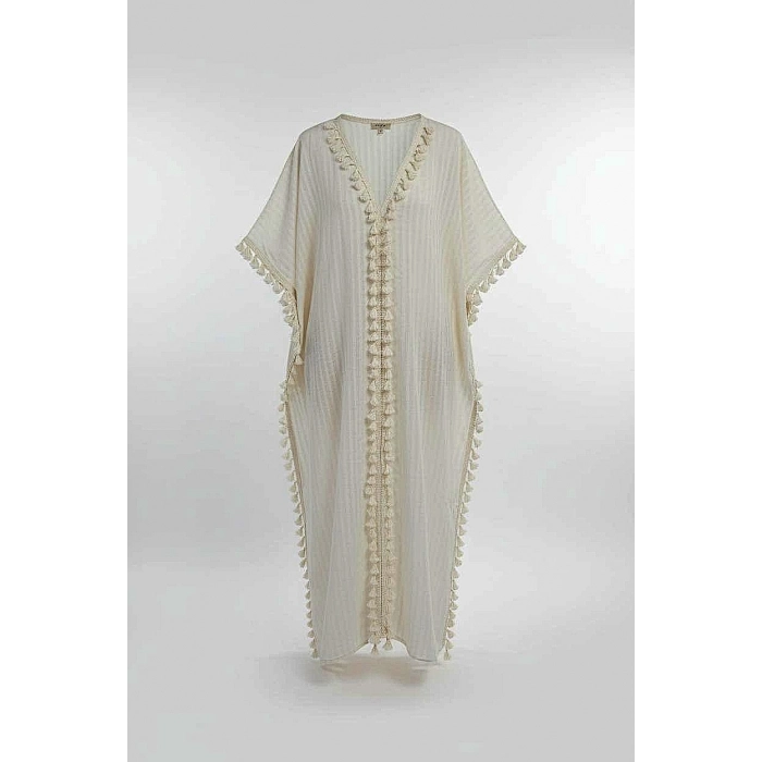 ATLAS ÇİZGİLİ ŞİLE BEZİ PÜSKÜL DETAYLI KAFTAN
