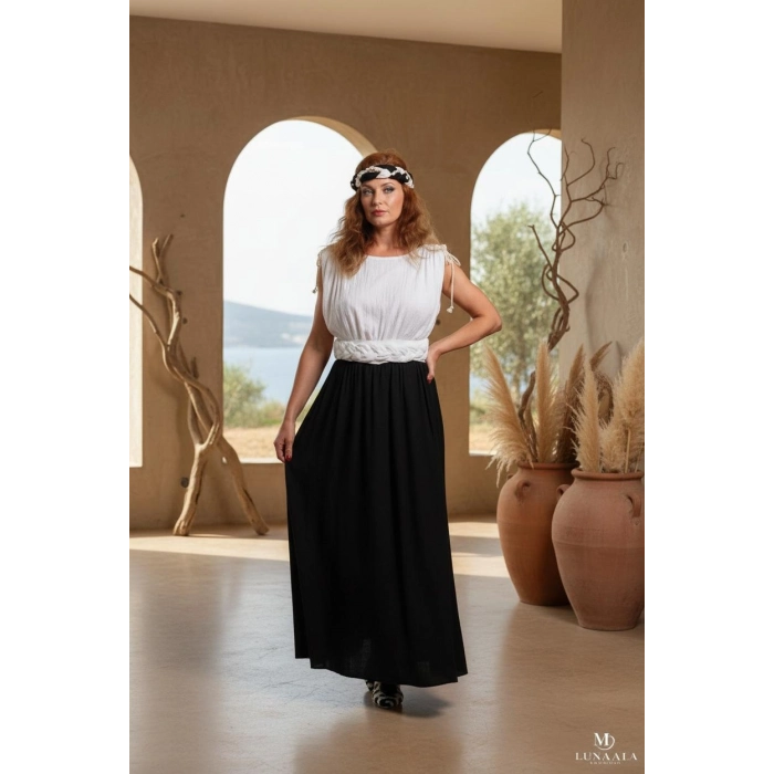 HERA ÇİFT RENK BELİ ÖRGÜLÜ MÜSLİN ELBİSE Siyah
