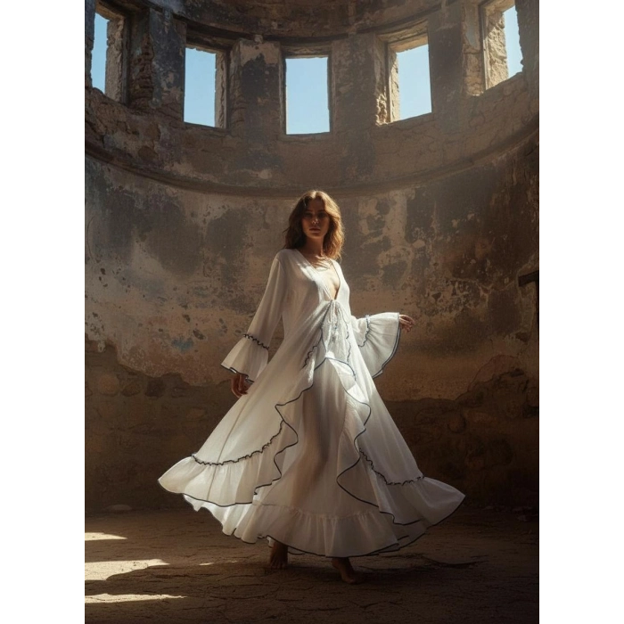 ASENA PAMUK ŞİLE BEZİ FIRFIRLI BOHO KAFTAN