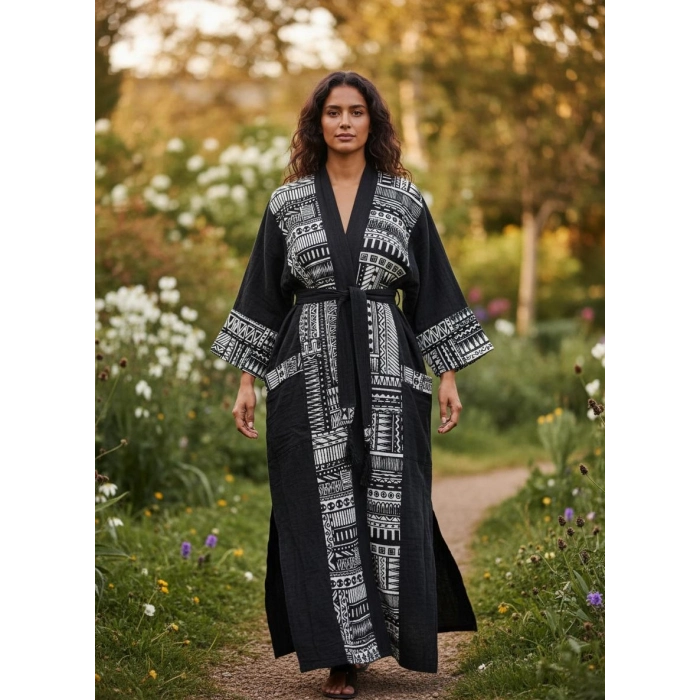 TRIBAL BORDÜR DETAYLI BOHEM MÜSLİN KAFTAN