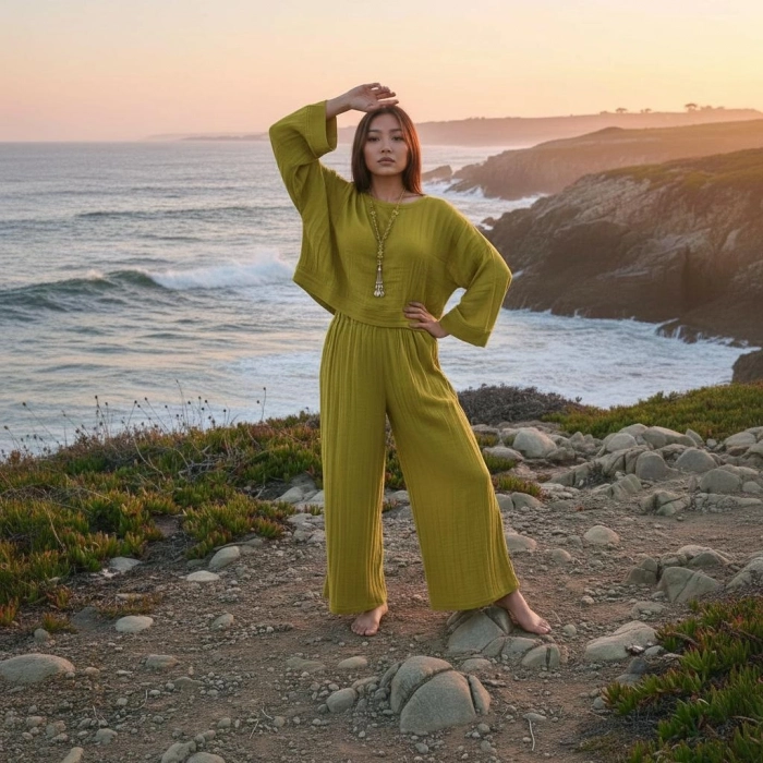 SOUL MÜSLİN BLUZ PANTOLON TAKIM / Fıstık Yeşili