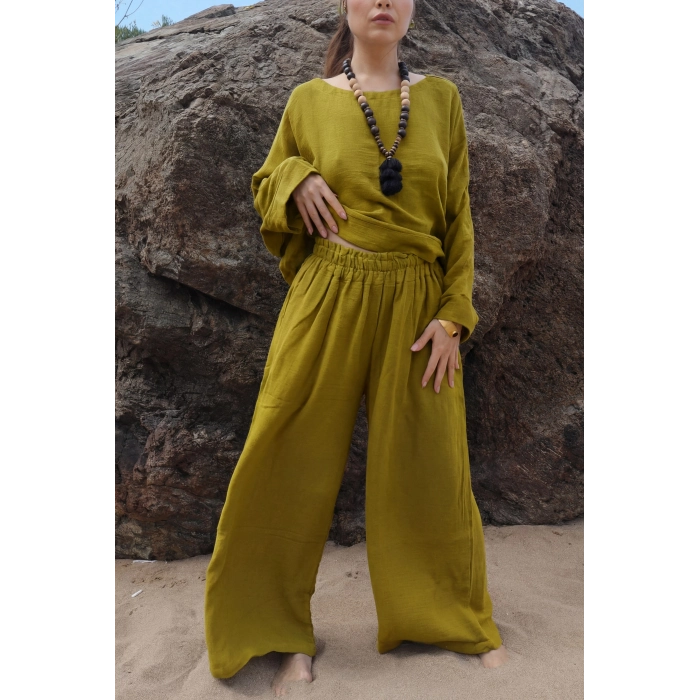 SOUL MÜSLİN BLUZ PANTOLON TAKIM / Fıstık Yeşili