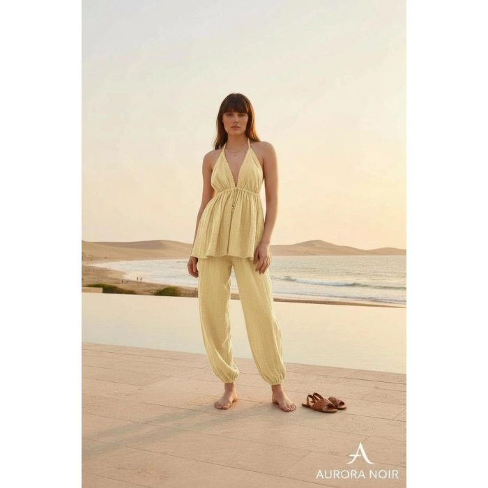 BABYLON SIRT DEKOLTELİ BLUZ & PANTOLON TAKIM / krem