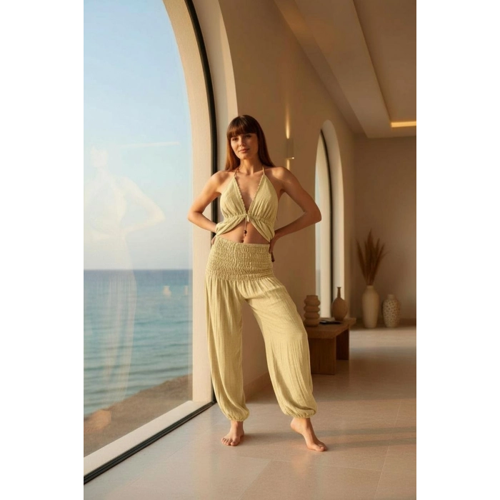 BABYLON SIRT DEKOLTELİ BLUZ & PANTOLON TAKIM / krem