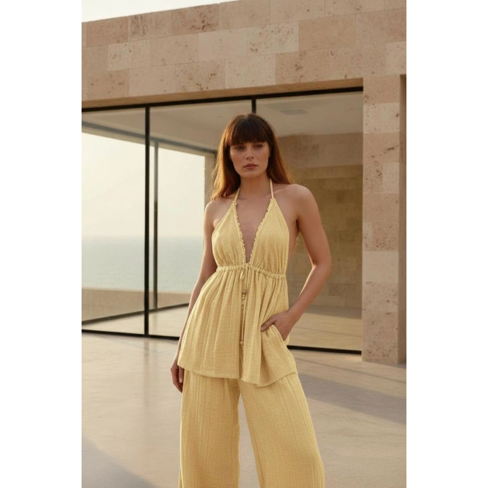 BABYLON SIRT DEKOLTELİ BLUZ & PANTOLON TAKIM / krem