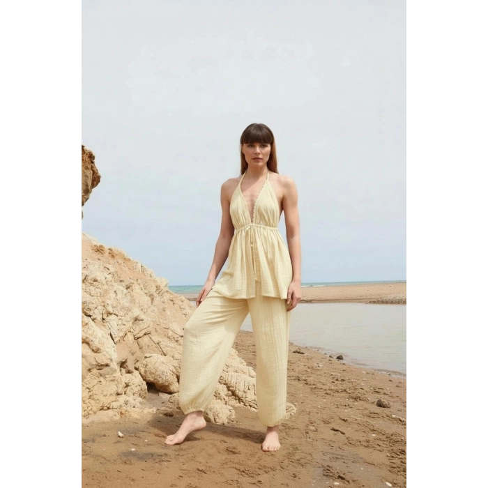 BABYLON SIRT DEKOLTELİ BLUZ & PANTOLON TAKIM / krem