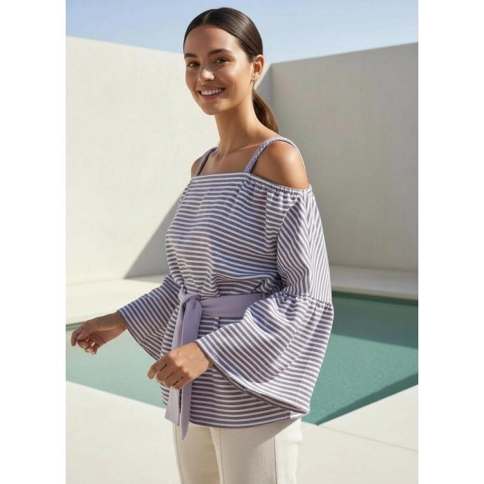 LİNET PAMUK DOKUMA ÇİZGİLİ BLUZ/ lila