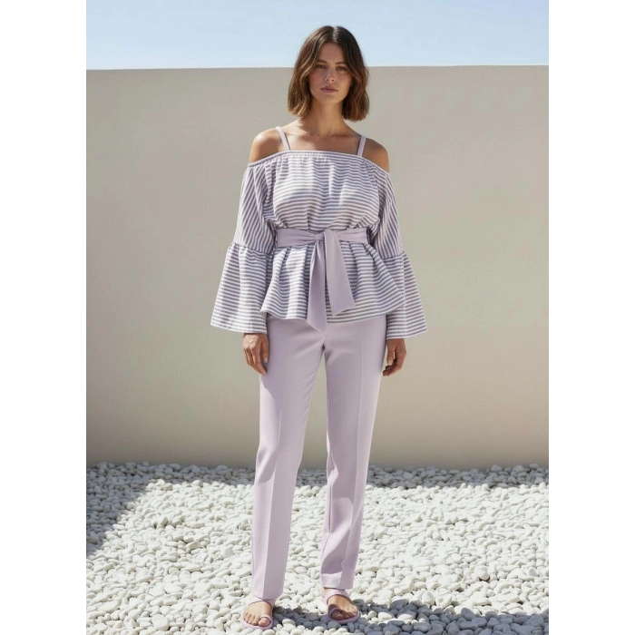 LİNET PAMUK DOKUMA ÇİZGİLİ BLUZ/ lila
