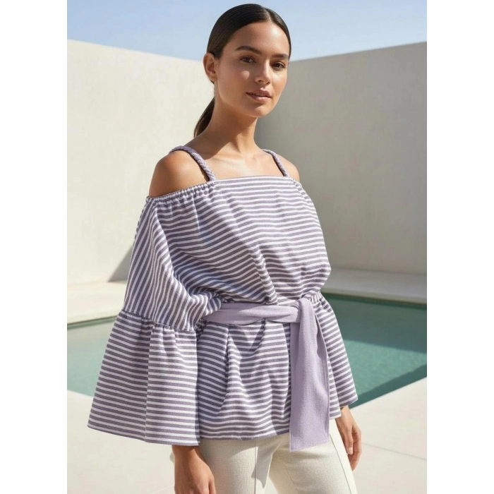 LİNET PAMUK DOKUMA ÇİZGİLİ BLUZ/ lila