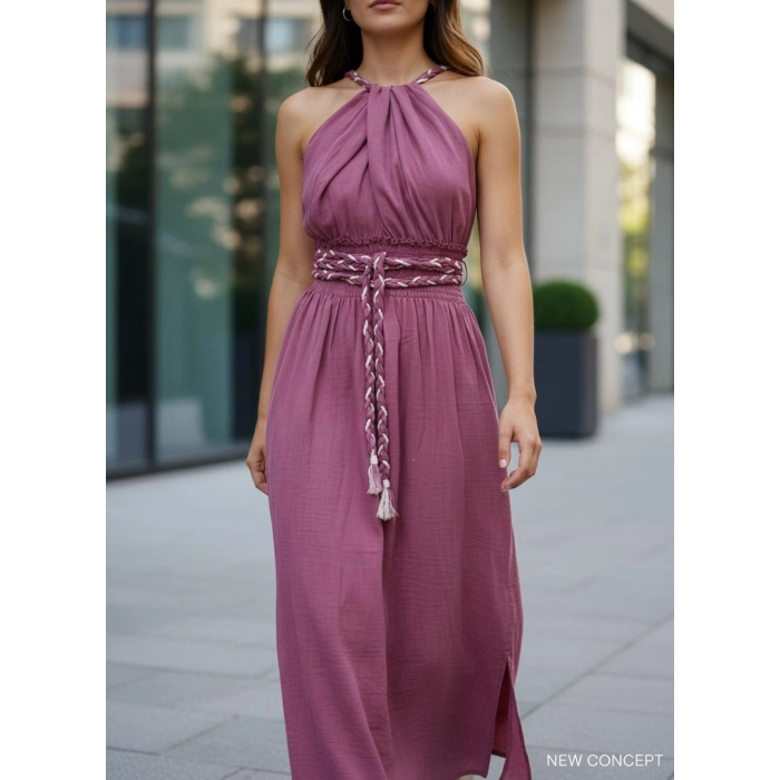 PETUNYA ÖRGÜ DETAYLI BOHEM ELBİSE / gül kurusu