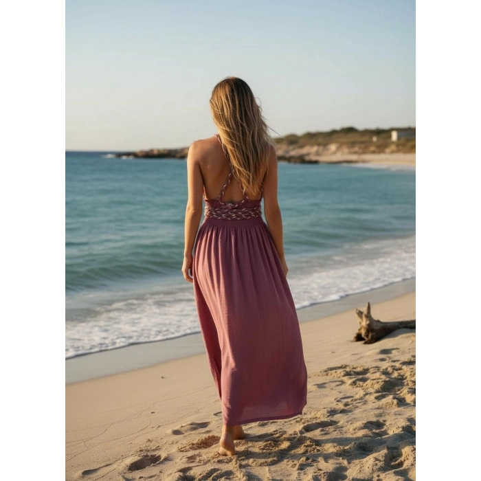 PETUNYA ÖRGÜ DETAYLI BOHEM ELBİSE / gül kurusu