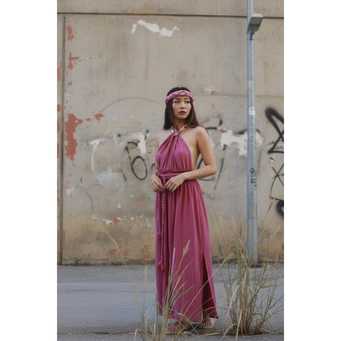 PETUNYA ÖRGÜ DETAYLI BOHEM ELBİSE / gül kurusu